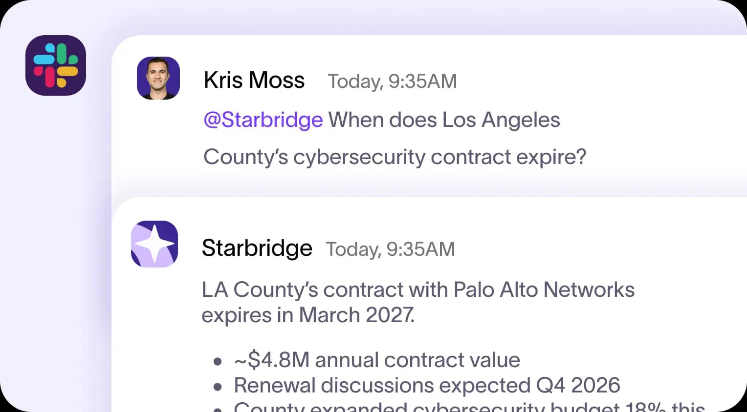 An Ask Starbridge answer grounded in the rep’s Bridge notes, enrichment, and collected signals