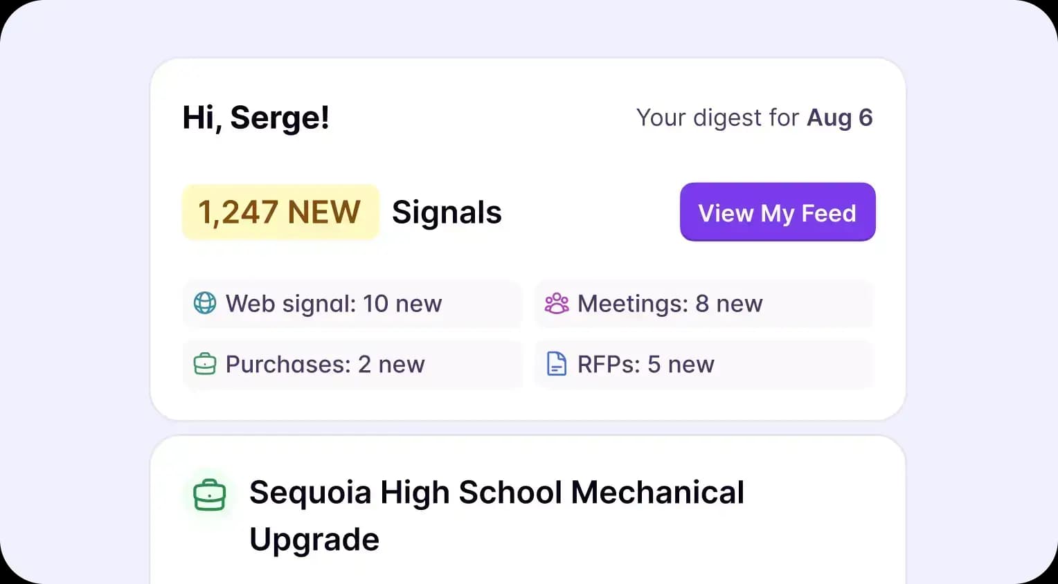 Opportunity email digest header showing new buying signal counts by category with a view my feed button