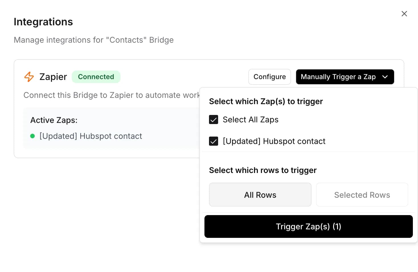 The Starbridge integrations panel choosing which Zaps to trigger and whether to send all rows or selected rows