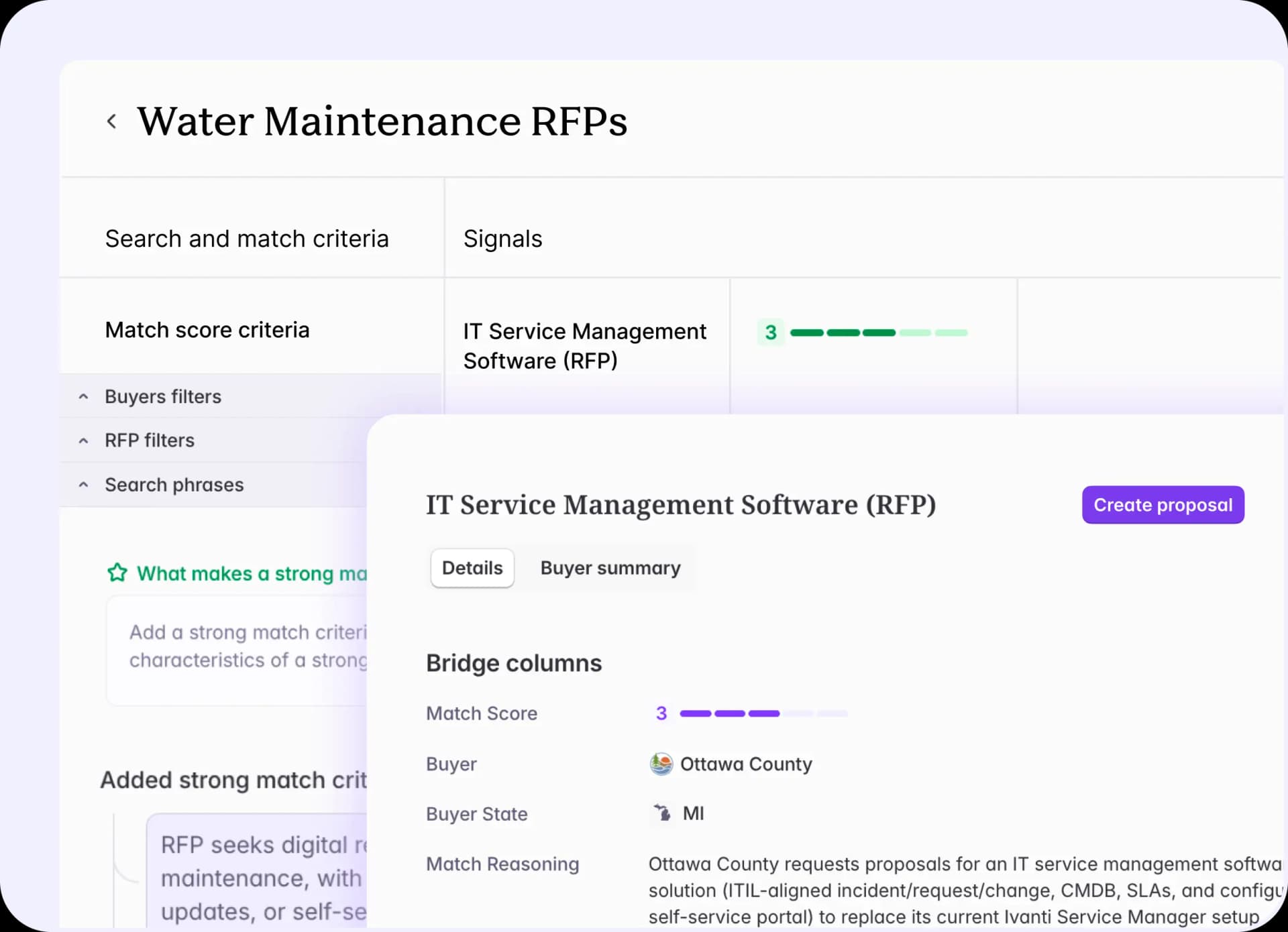 A Starbridge feed of water-maintenance RFPs with match scoring, beside an IT service management RFP’s match details