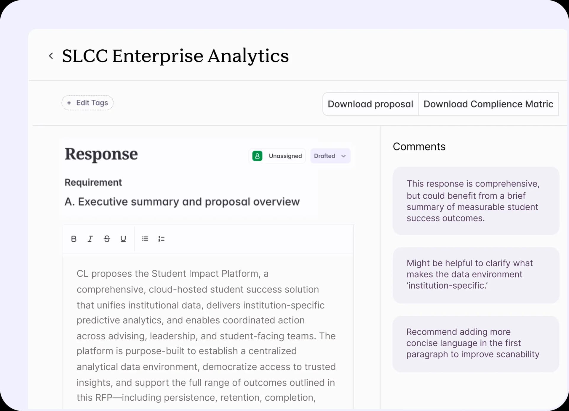A Starbridge proposal editor drafting an executive summary for an RFP response, with reviewer comments alongside