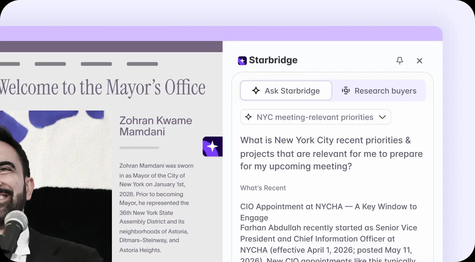 Starbridge Chrome extension surfacing account intelligence directly on an agency website