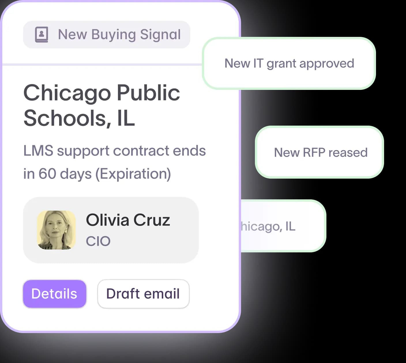 Full contract details showing pricing, key products, and buying signals for an account before outreach