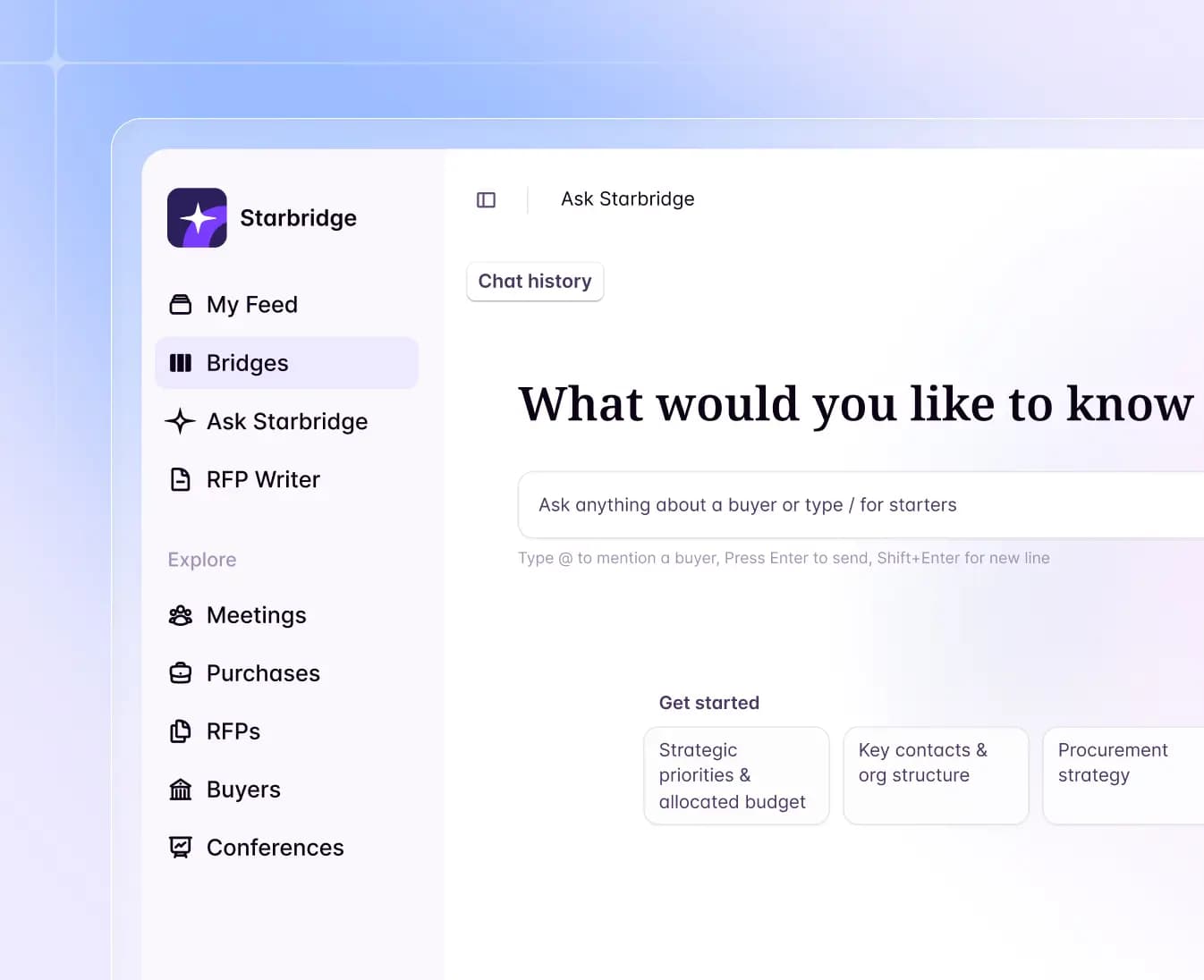 Ask Starbridge answering an account question inside Slack for fast call prep