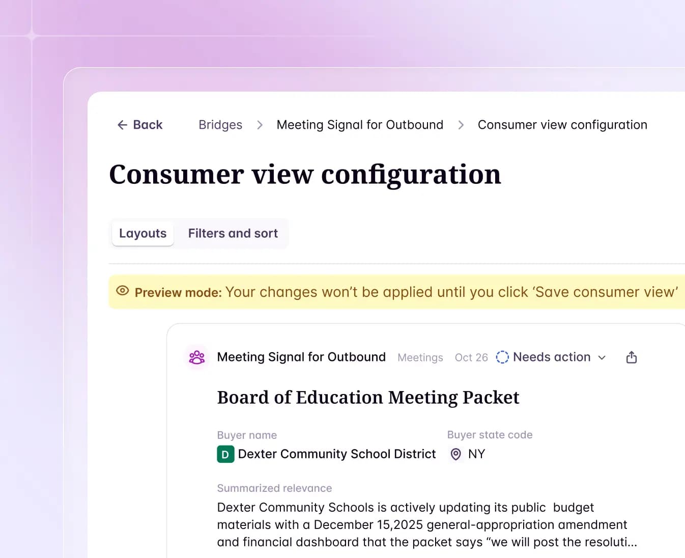 Starbridge builder mode configuring which signals and card layouts reps see